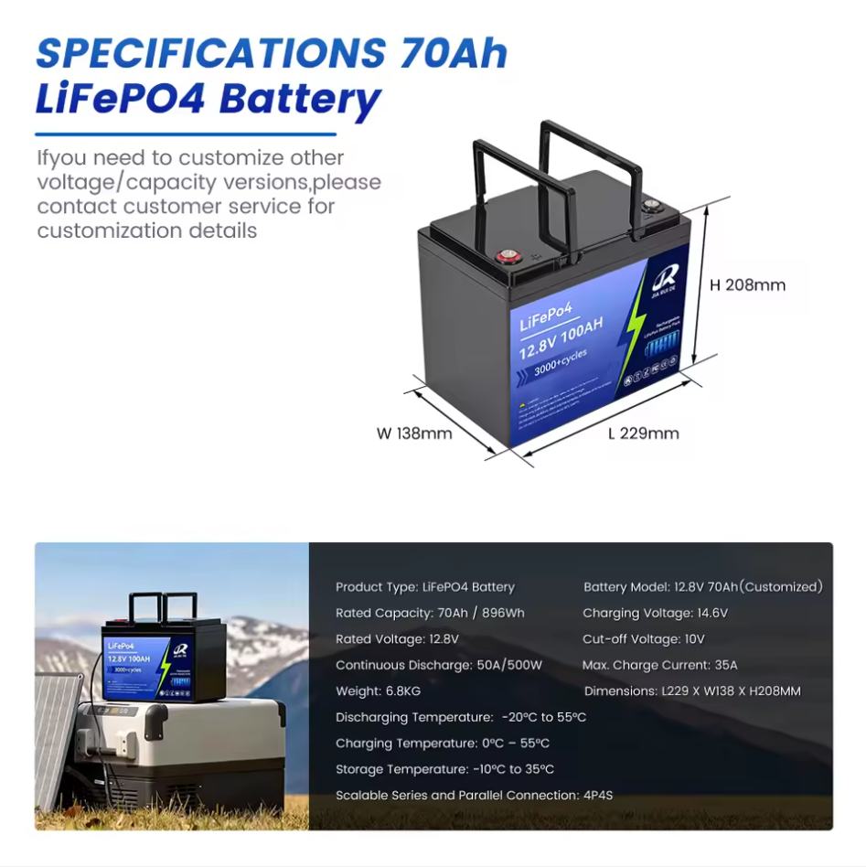 Custom 12.8V 70Ah LiFePO4 Battery (Lead-Acid Battery Replacement)