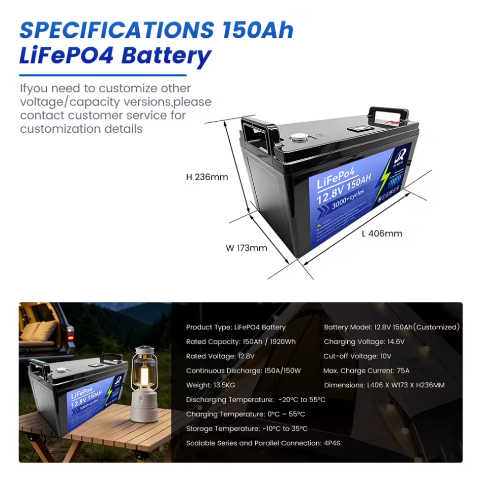 Custom 12.8V 150Ah Lithium Iron Phosphate (LiFePO4) Battery — Lead-Acid Battery Replacement